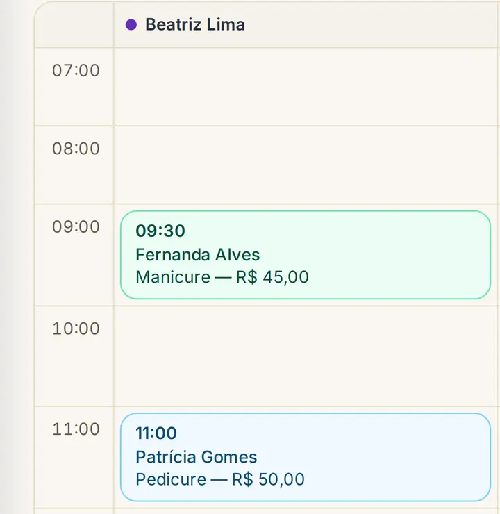 Agenda do Glowsy mostrando os atendimentos do dia em colunas por profissional, com horário, cliente, serviço e valor